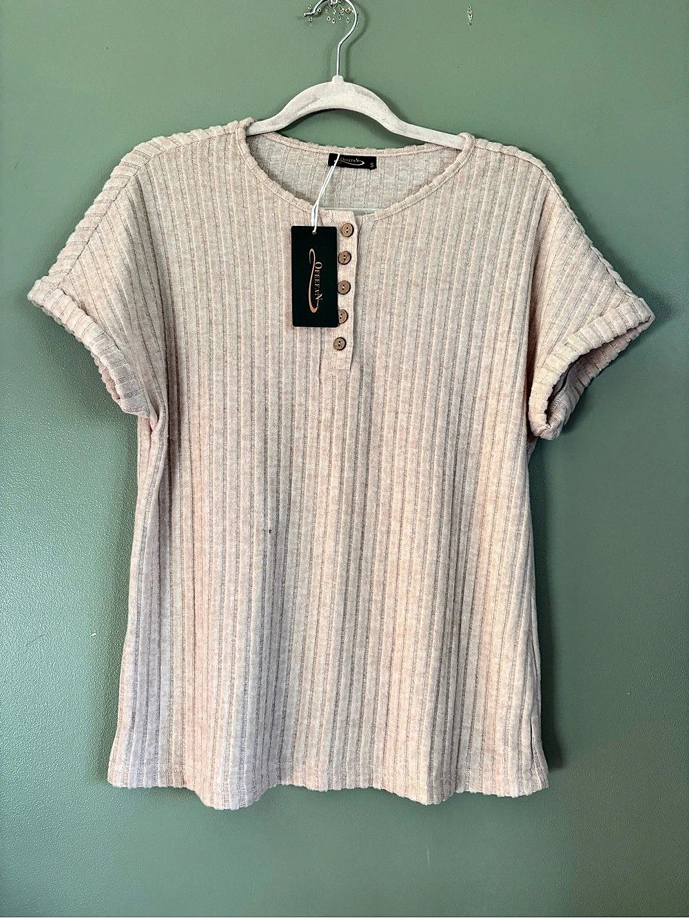 Ofeefan Women's Short Sleeve Henley Ribbed Top Tan Small